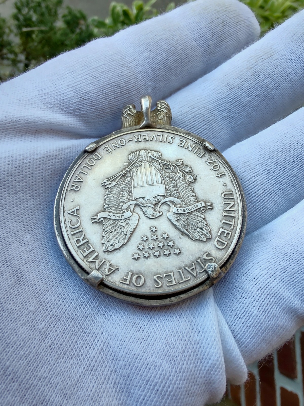1987 American Silver Eagle 1 oz .999 Coin Pendant w/ Handmade Sterling Bezel