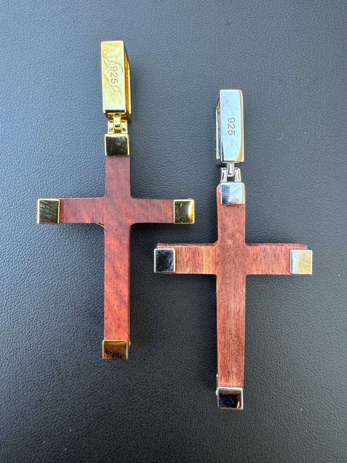 Plain Real 925 Silver & Natural Wood Jesus Cross Pendant Necklace ITALY Handmade