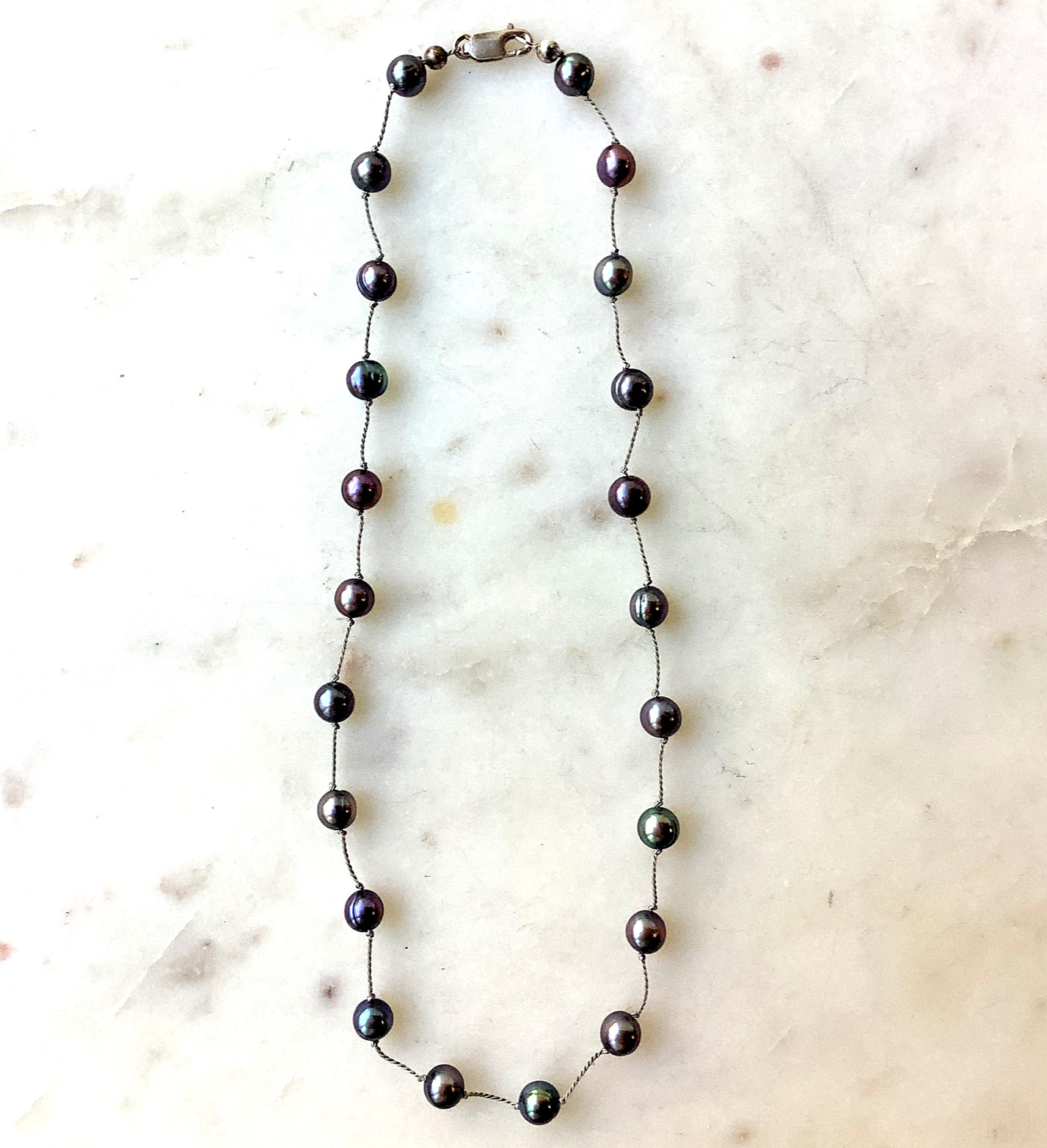 Vintage Peacock Pearls Necklace 6mm Sterling Silver 15” Signed