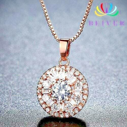 Pendant; Round Clear Zircon Gemstone 18k Rose Gold Filled 18″ Chain 925 Silver
