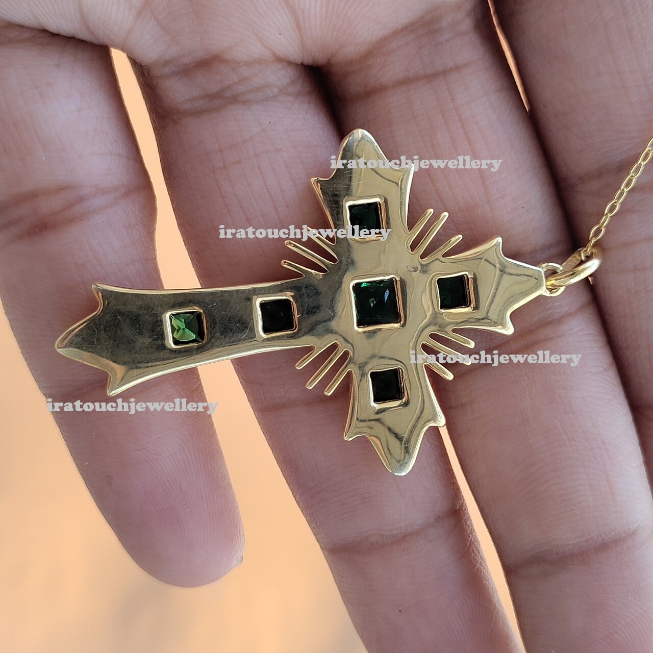 3Ct Princess Cut Lab Created Emerald Cross Pendant For Women 14k Gold Finish