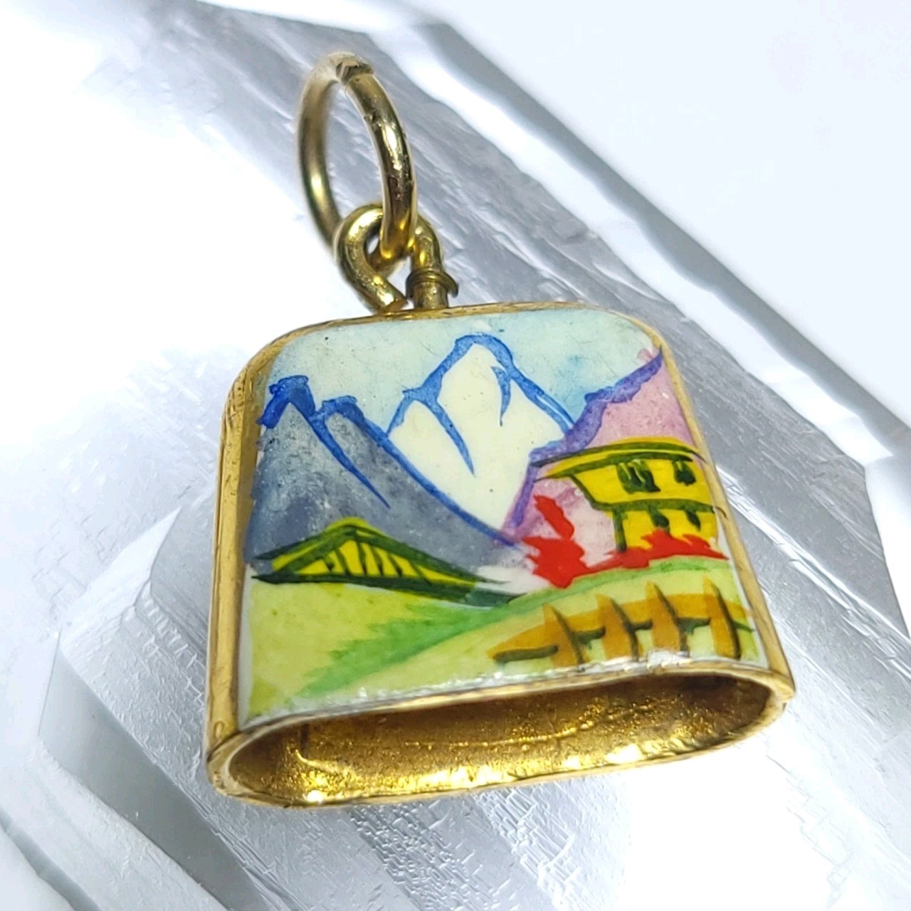 9k Gold Antique Swiss Cow Bell Pendant Charm Enamel Forget Me Not Flowers 375