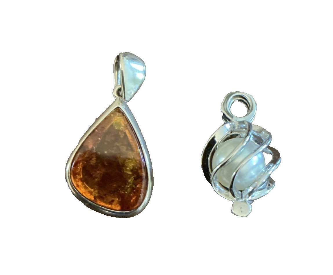 TWO PENDANTS: ONE AMBER STERLING and ONE CULTURED PEARL SILVER METAL MOTHERS DAY