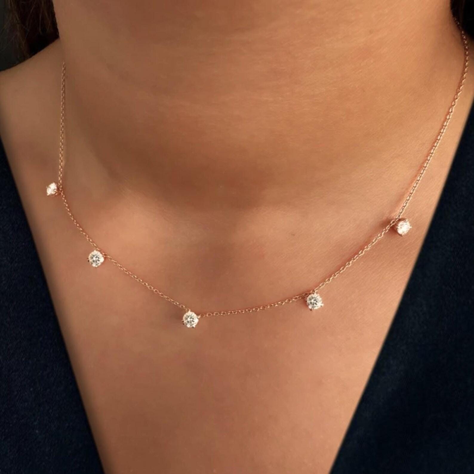 Station Necklace For Girlfriend Gift Round Natural GH/SI Diamond 14k Rose Gold