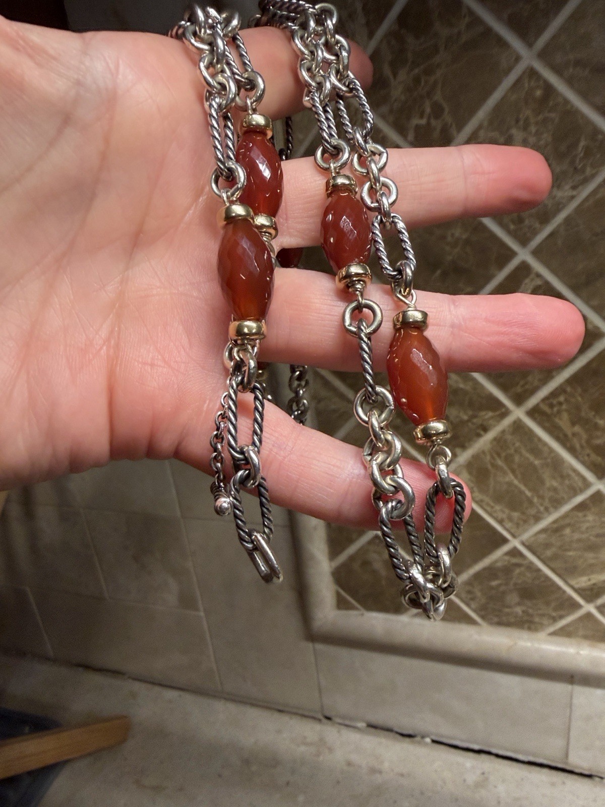 David Yurman 925 Sterling Silver Carnelian Station 33in Figaro Toggle Necklace