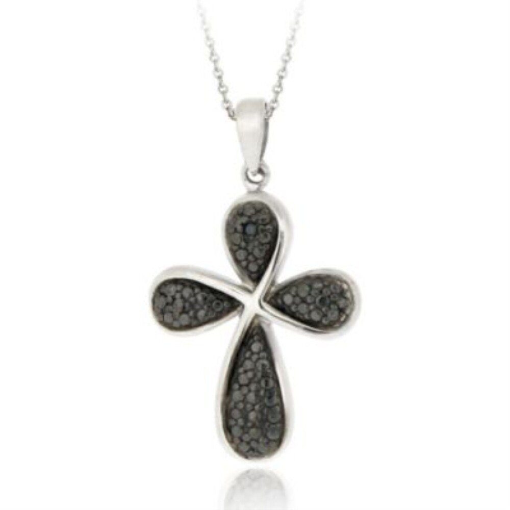 925 Silver Black Diamond Accent Ribbon Cross Necklace