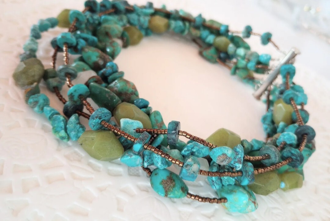 Vintage ? Native American ?Stone Bead Choker 6Row Necklace Turquoise Nuggets 925