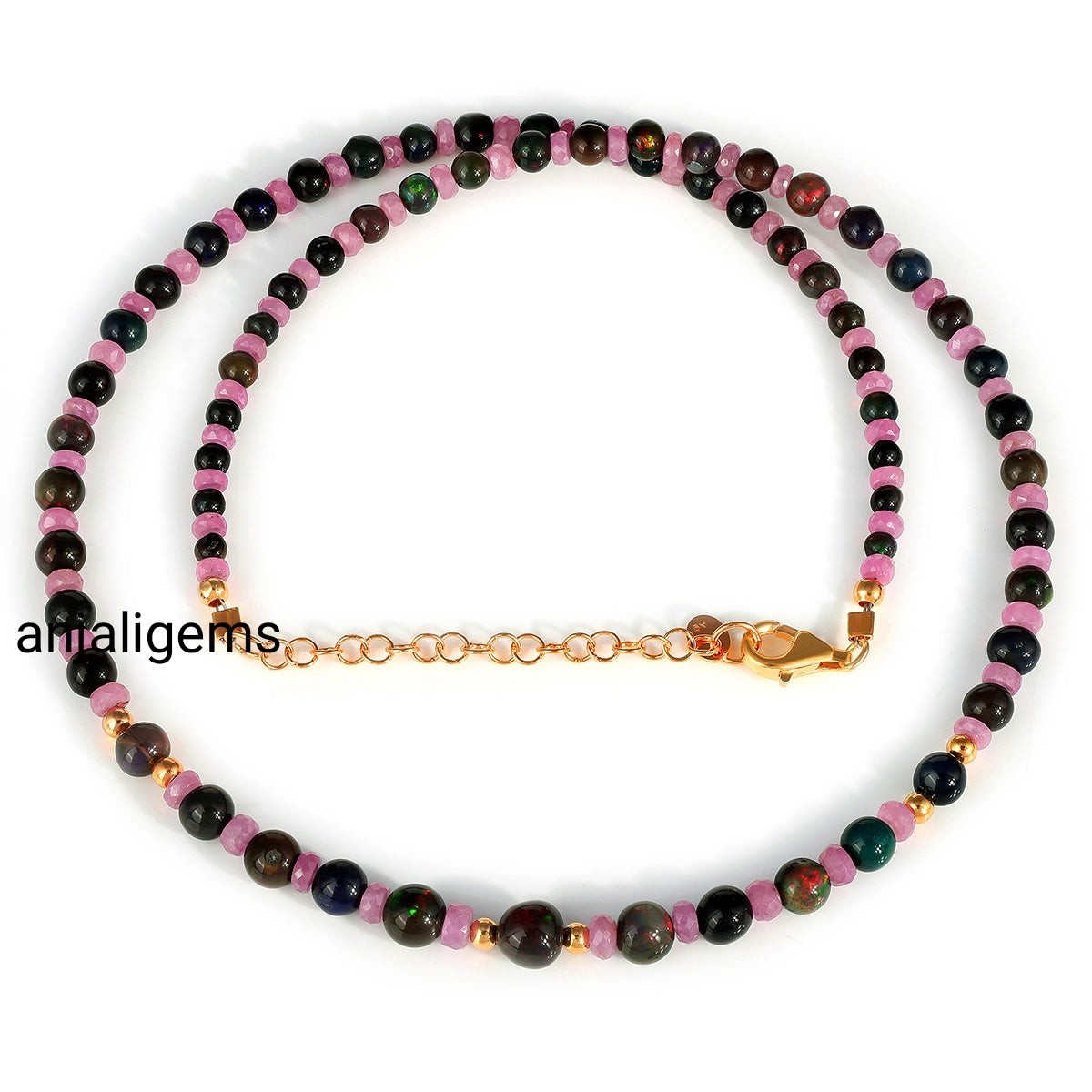 AA+ Black Ethiopia Opal And Pink Sapphire Gemstone Beads Necklace In 925 Silver