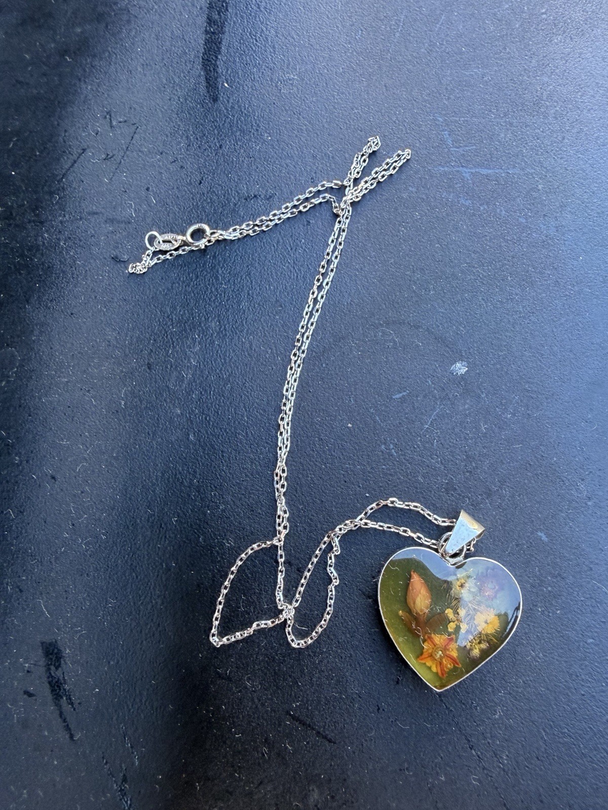 Lovely Sterling Silver 925 ATI Mexico Dried Flowers Resin Heart Pendant Necklace