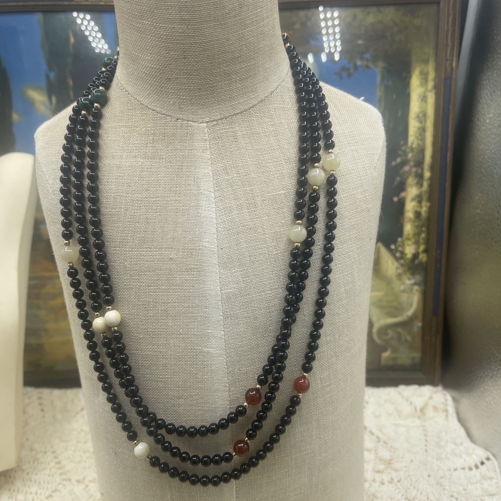 Vintage Fine Jewelry Black Onyx 14 kt Multi Color Stone 60″ Necklace