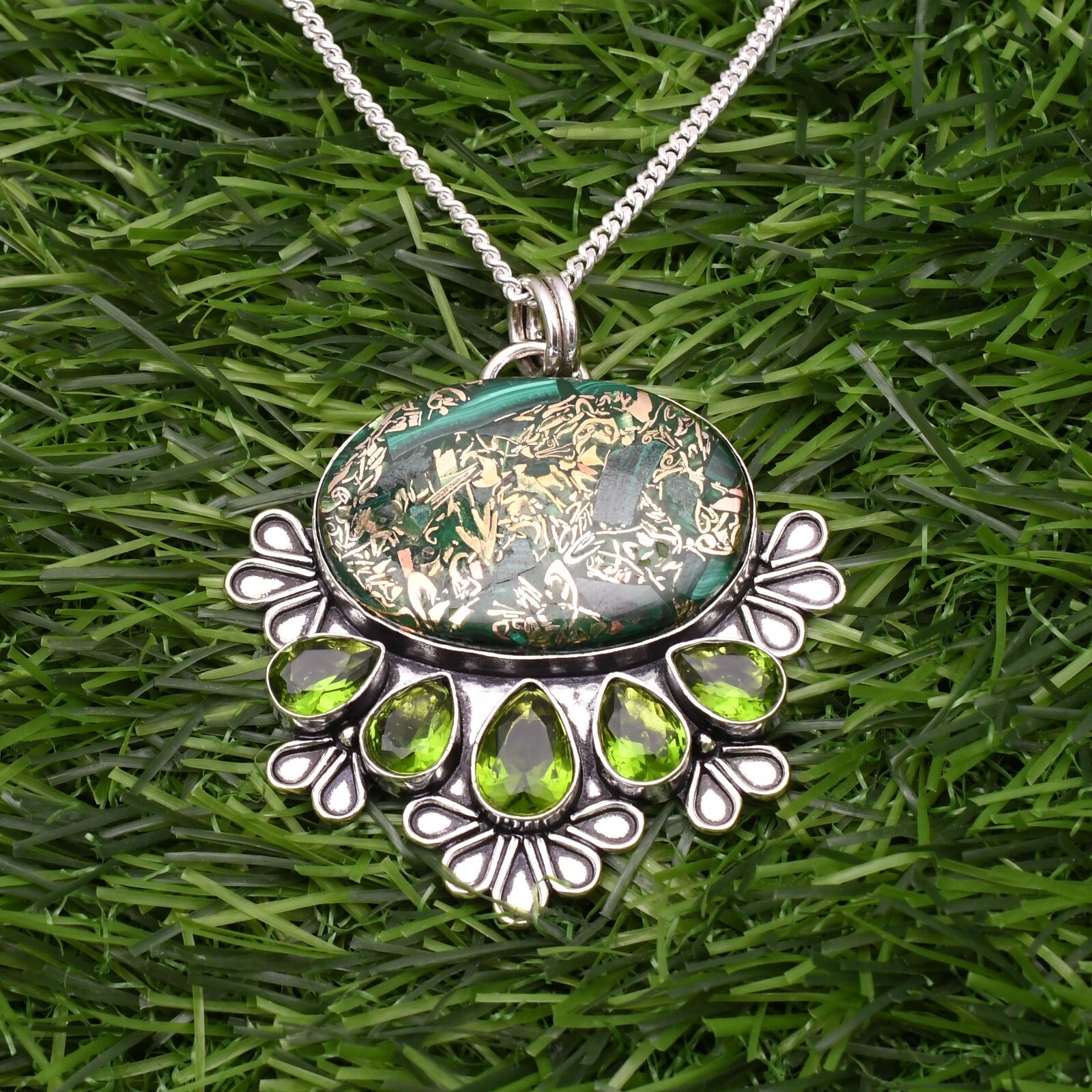 Copper Malachite 925 Sterling Silver Gemstone Handmade Jewelry Pendant 2.15″