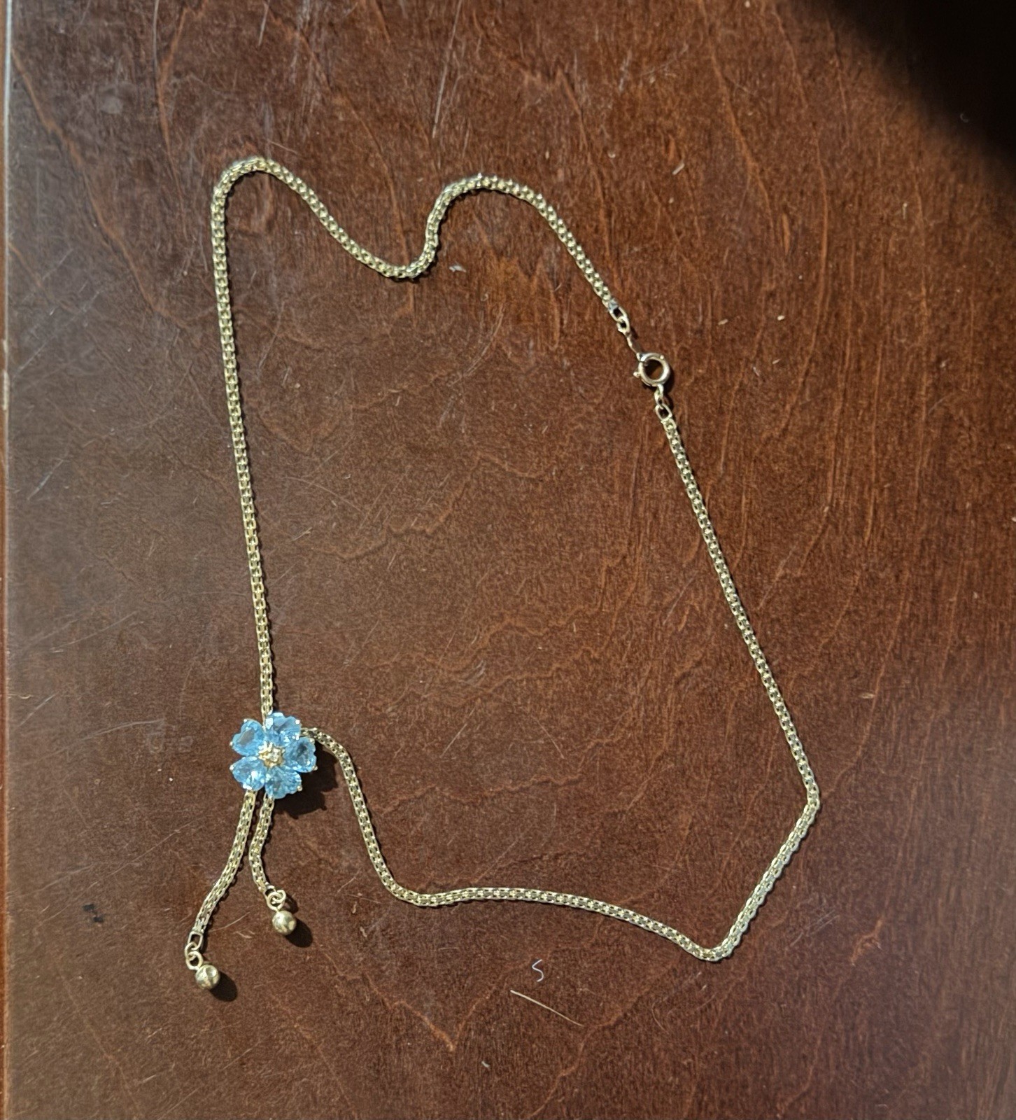 14k Solid Yellow Gold Blue Topaz And Diamond Flower Necklace
