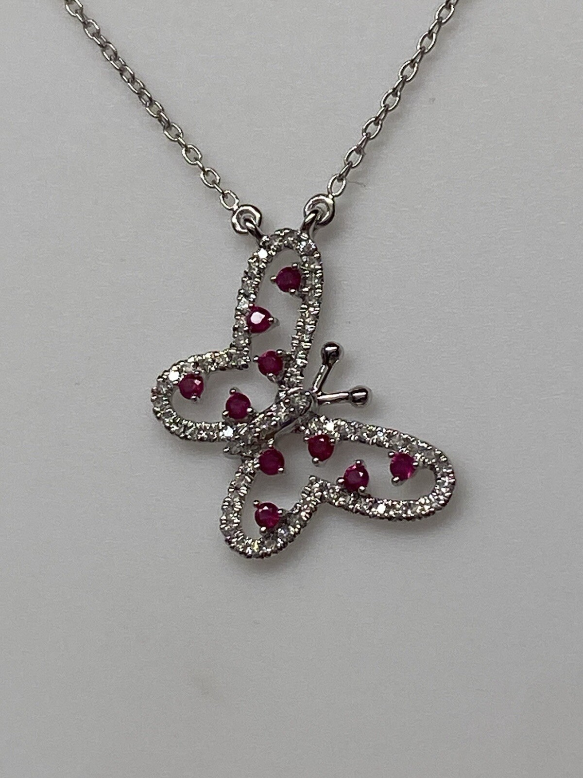 10K White Gold Natural Ruby and 0.20ct Diamond Butterfly Pendant and Chain NEW