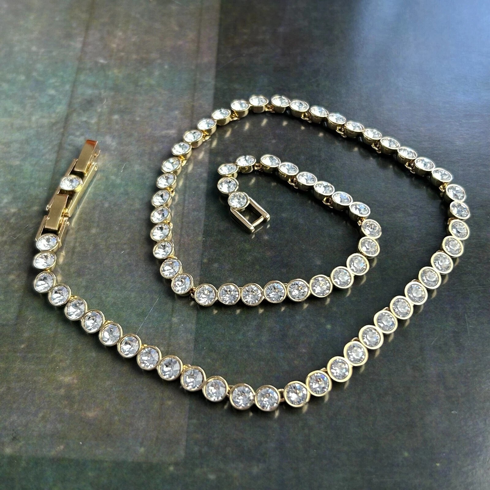 SWAROVSKI Clear Crystal Silver Plated Tennis Necklace Bezel Choker Signed 16″