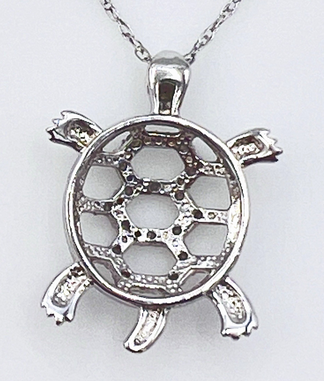 Vintage Signed NC 925 Sterling Silver Diamond Sea Turtle Pendant Necklace