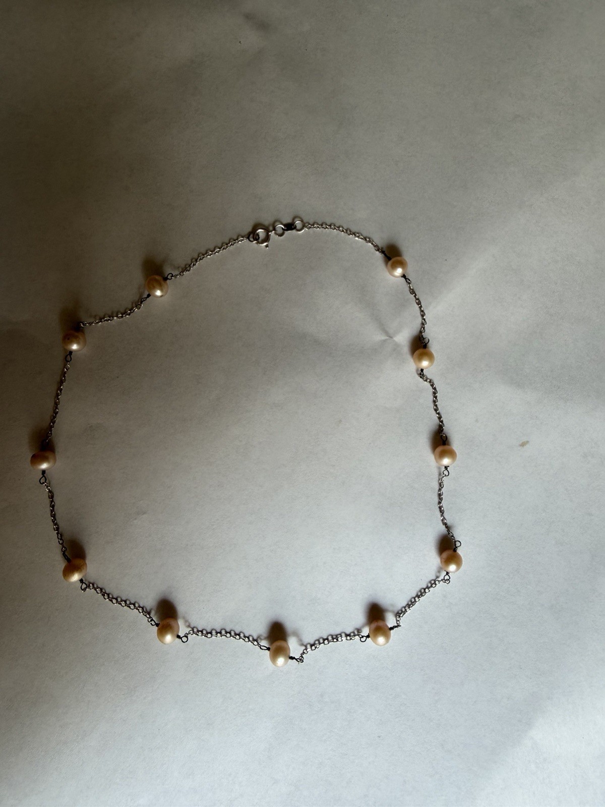 14k White Gold Station Necklace Round White Pearl Beaded Cable Chain Spring Ring