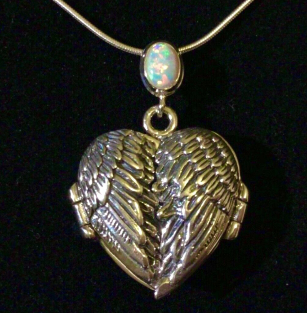 Sterling Silver Fire Opal guardian angel wings Love Heart photo Prayer locket