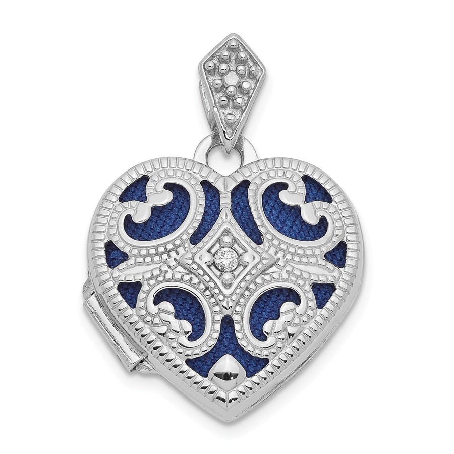 Ster Silver Rhodium-plated Genuine Diamond 15mm Filigree Heart Locket w/Chain