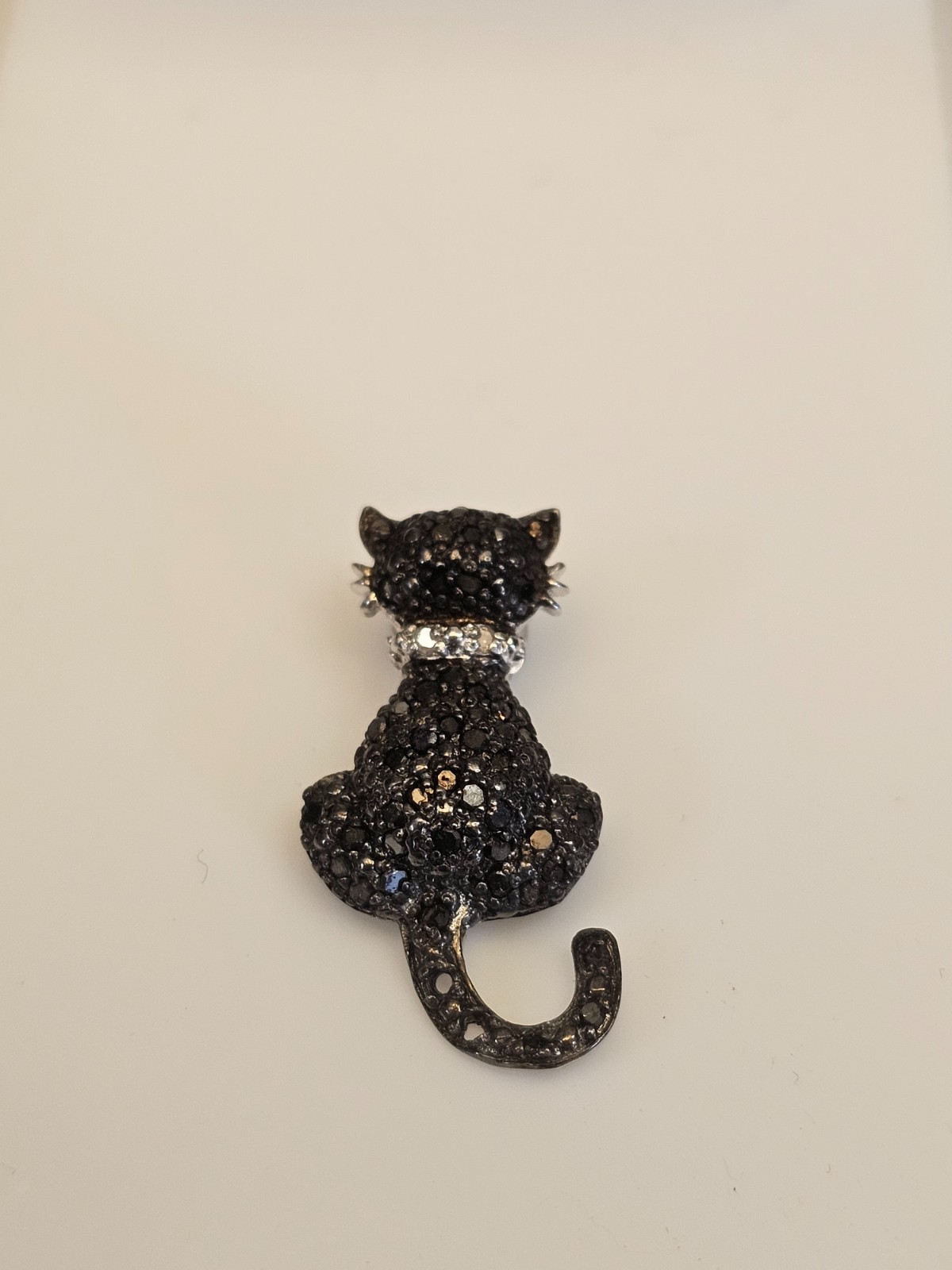 Estate OTC Diamond 1/4Ct Black White Cat Sterling Silver 925 Figural Pendant