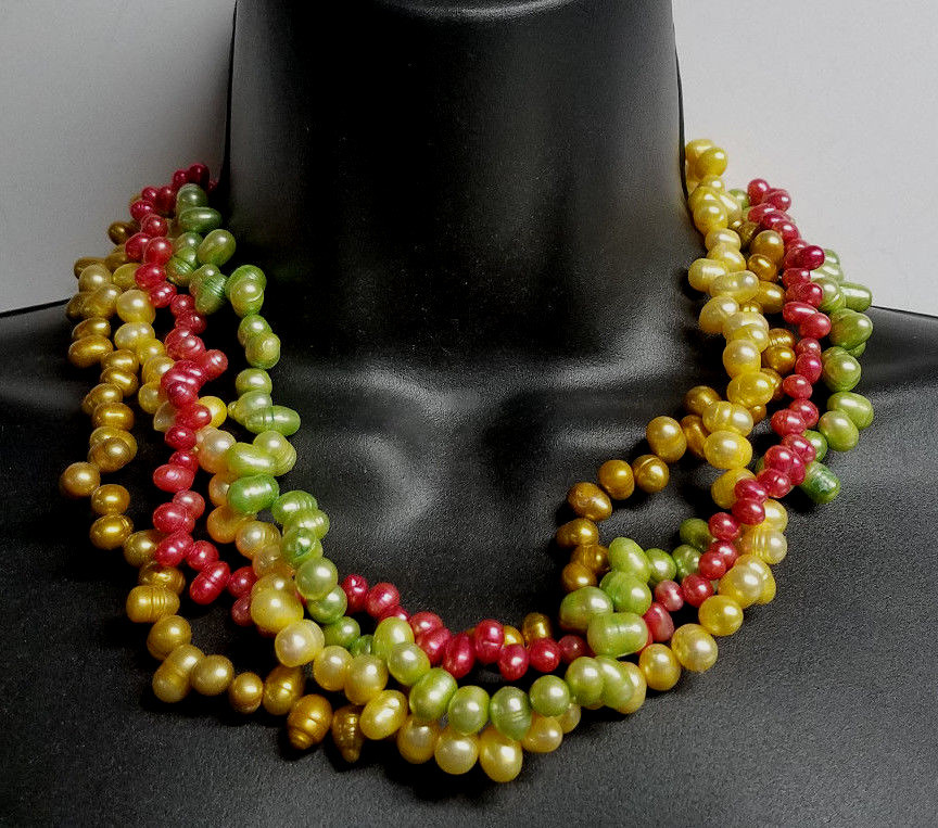 18” 7-9mm 4 Strand Sterling Silver Freshwater Pearl Necklace – Amber Red Green