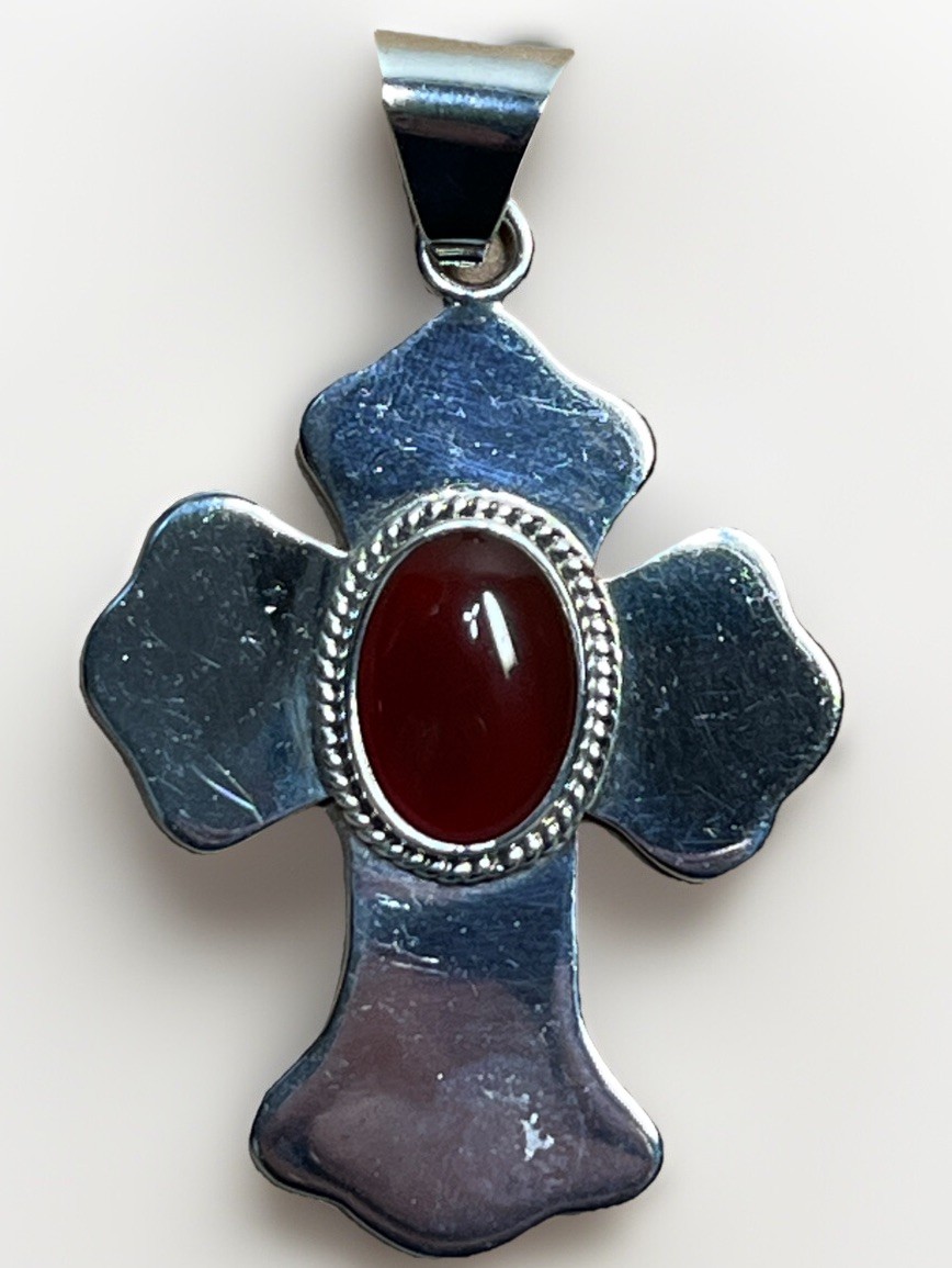 Vintage Sterling Silver 925 Dark Red Cross Pendant Mexico Very Good Condition