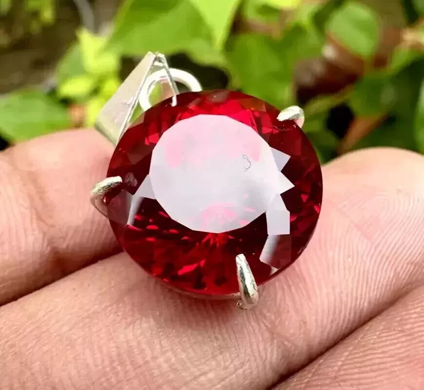 Certified Natural Red Ruby 26 CT Round Loose Gemstone 925 Solid Silver Pendant