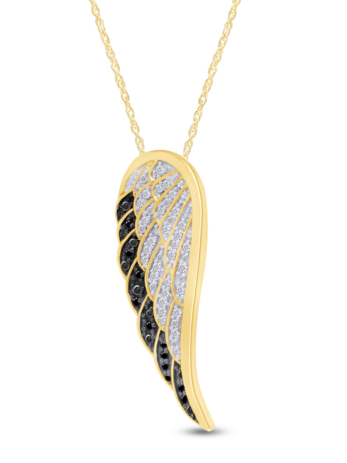 1/3ct White & Black Real Diamond Angel Wing Pendant Necklace 14K Gold, 18″ Chain