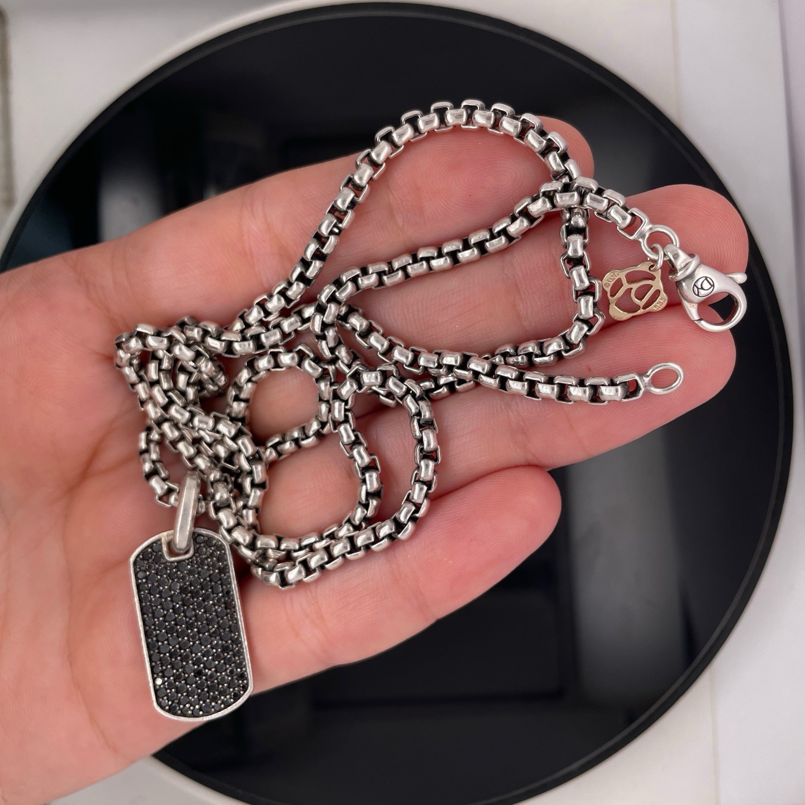 David Yurman Silver Black Diamonds Chevron Tag Pendant Necklace $2600 / 27mm