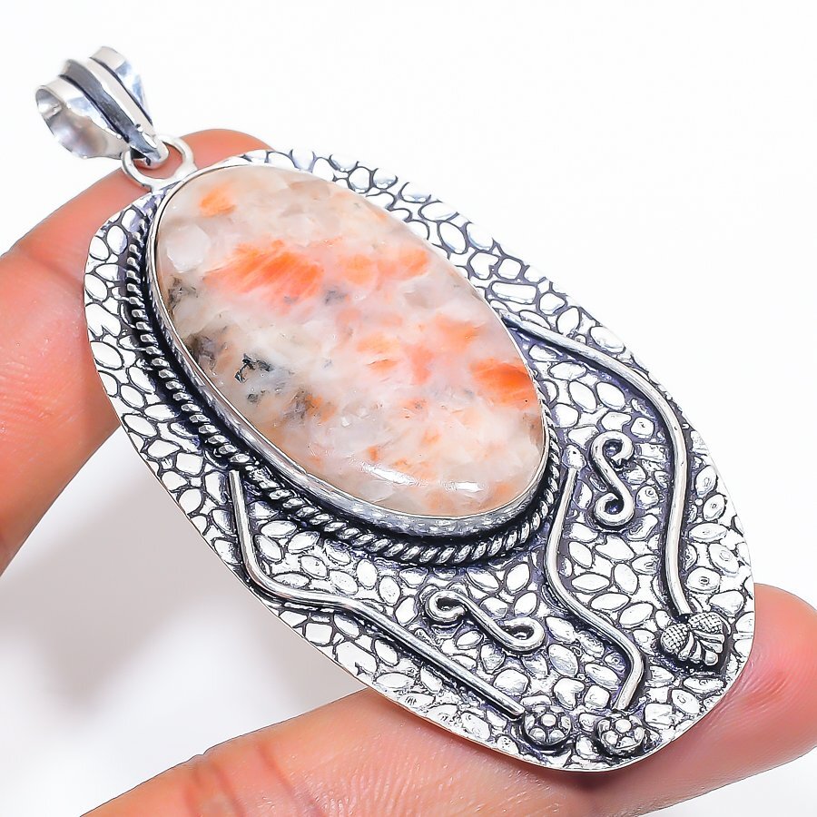 Sunstone Gemstone Handmade Ethnic 925 Sterling Silver Jewelry Pendant 3.3″ l472