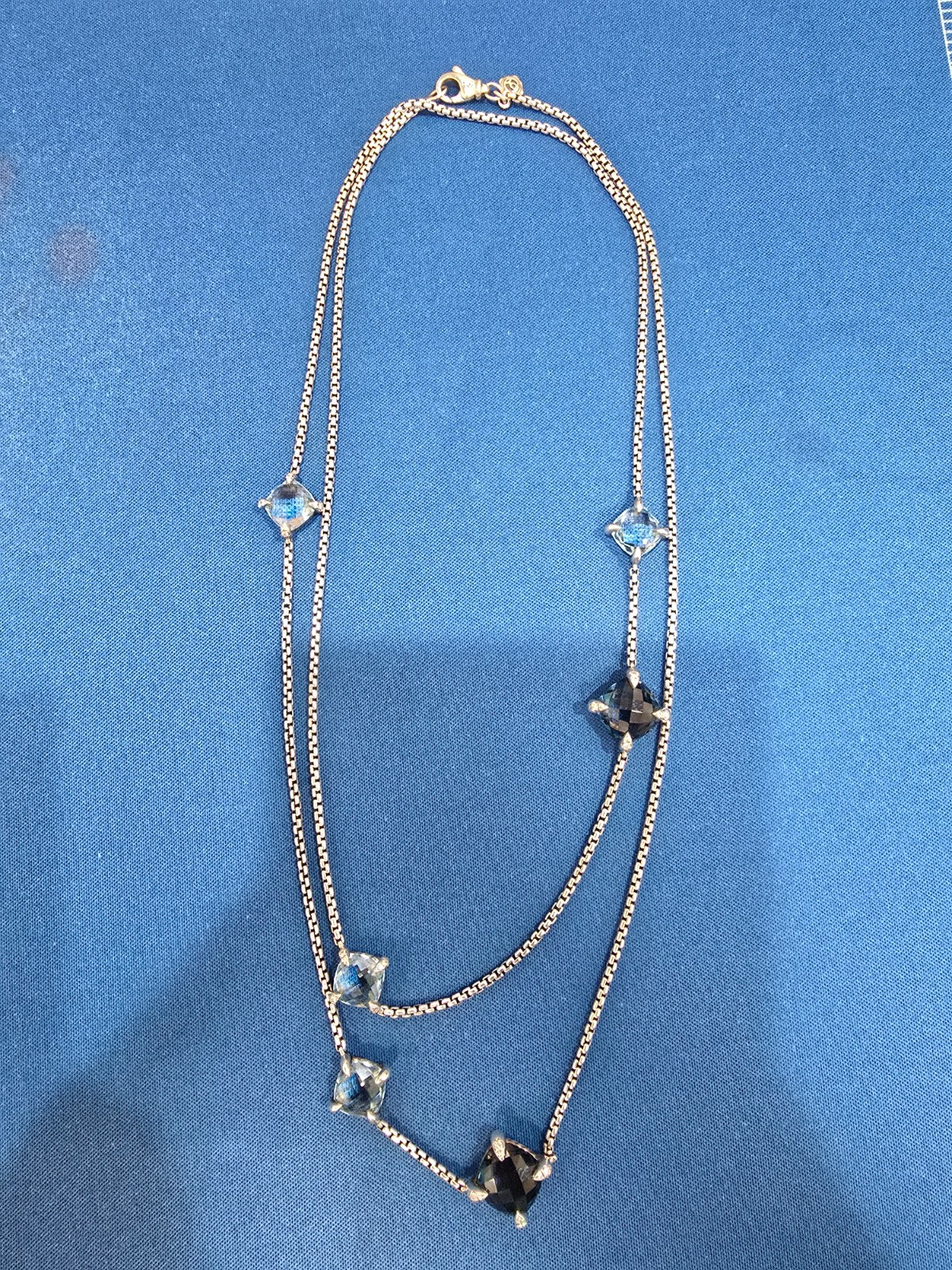 Sterling Silver David Yurman Chatelaine Blue Topaz and Diamond Station Necklace