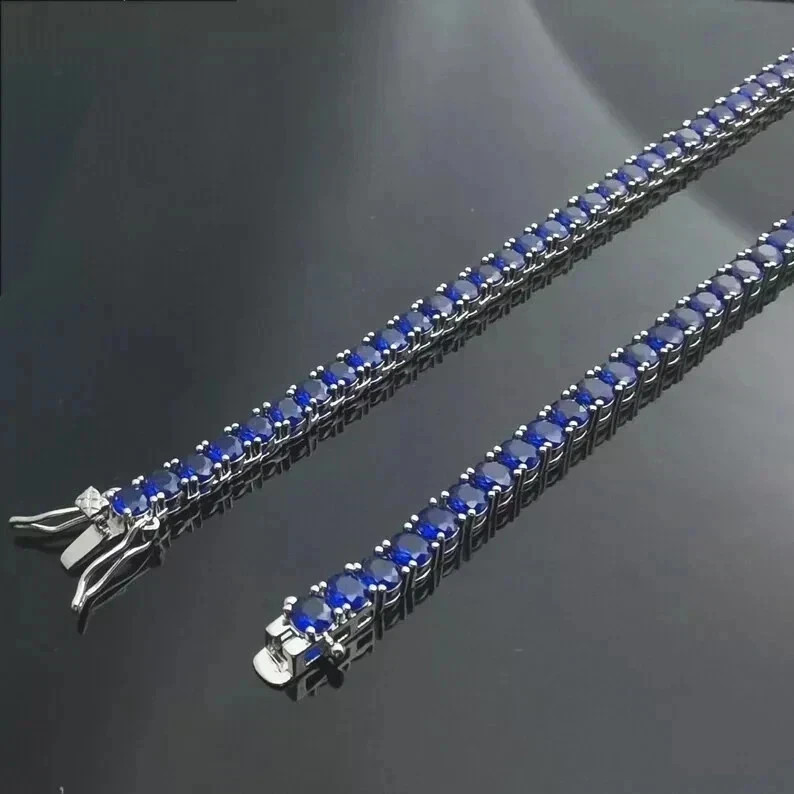 18Ct Round Cut Lab-Created Blue Sapphire Tennis Necklace 14K White Gold Plated