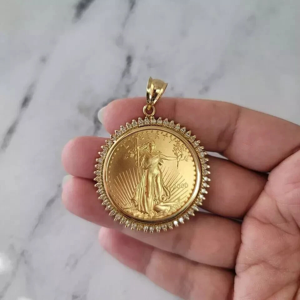 1.24Ct Lab Created Liberty COIN Pendant Necklaces 14k Yellow Gold Plated