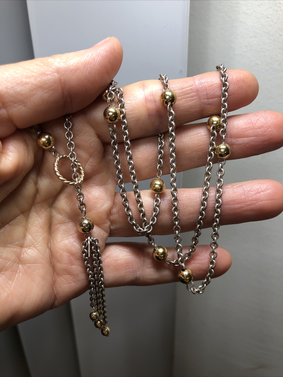 Vintage HANA Sterling Silver 925 Gold 14K Ball Lariat Tassel Necklace, 13.7g