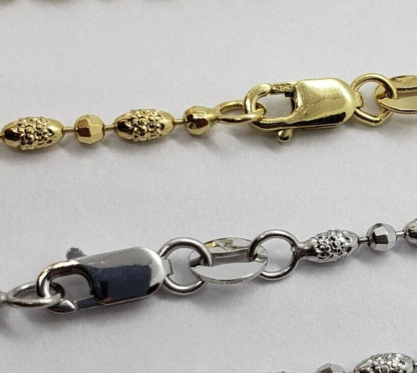 14k Solid Yellow White Gold D/C Bead Chain Necklace Men Women 2mm / 16″ ~ 24″