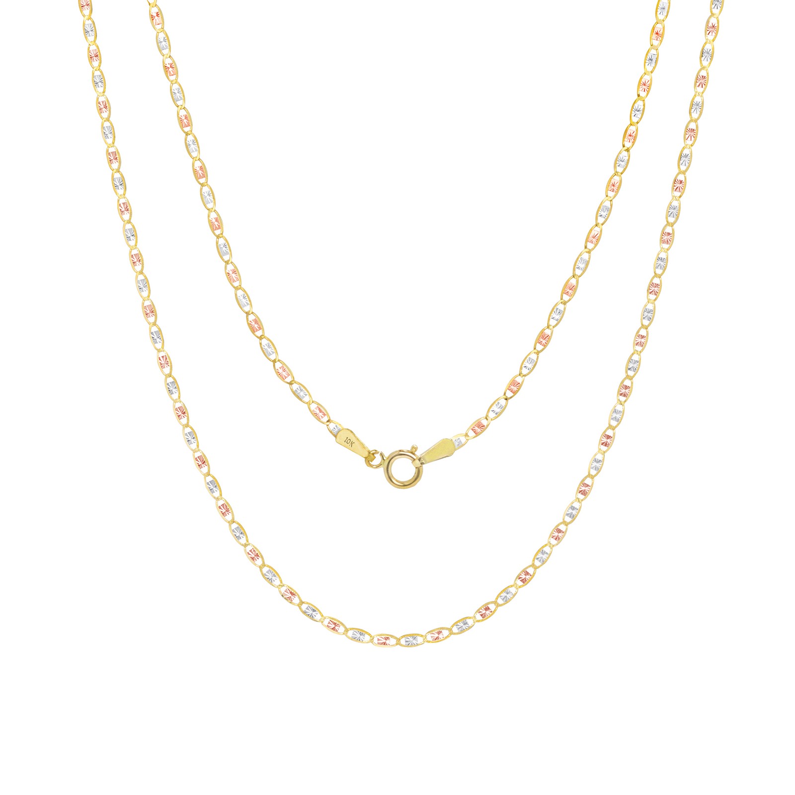 10K Solid Tri Yellow Rose White Gold Thin 1.5mm Valentino Chain Necklace 16″-24″