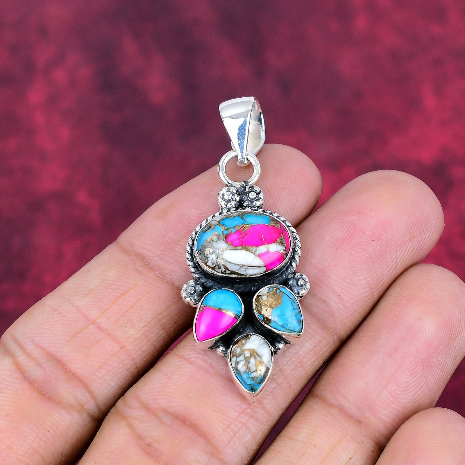 Cotton Candy Turquoise Gemstones Handmade 925 Sterling Silver Pendant Jewelry