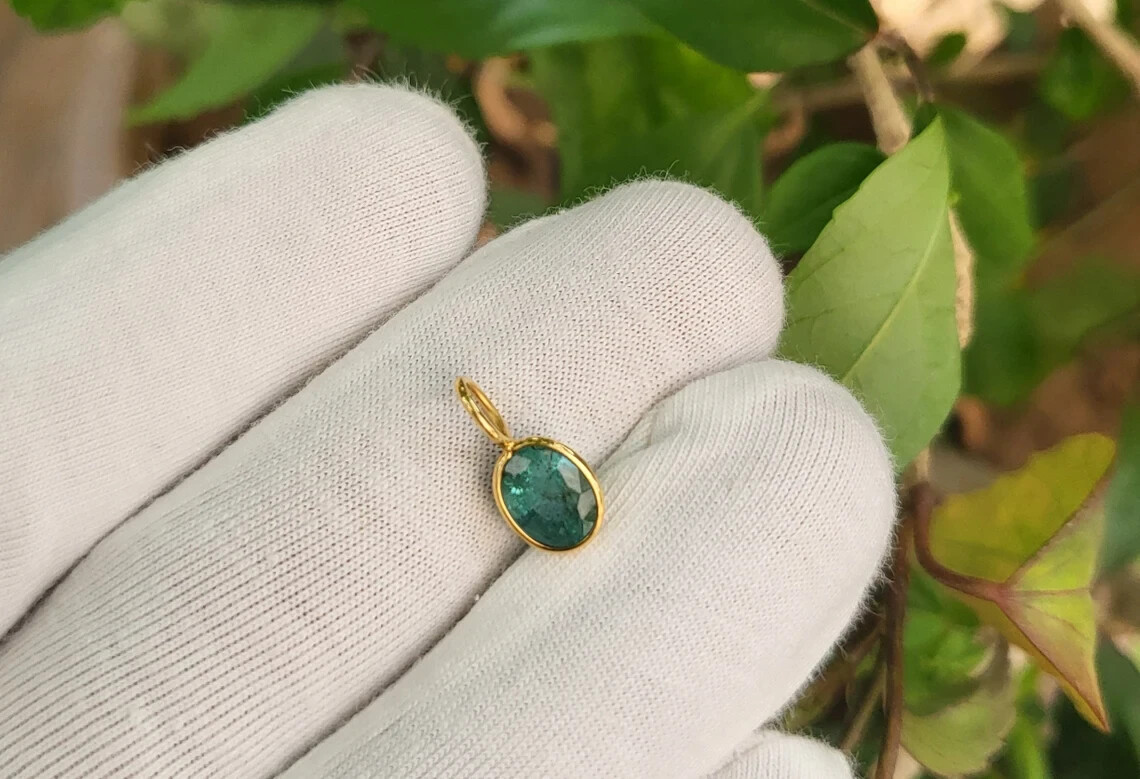 Zambian Emerald Oval Pendant, Solid 14k Yellow Gold May Birthstone Charm Pendant