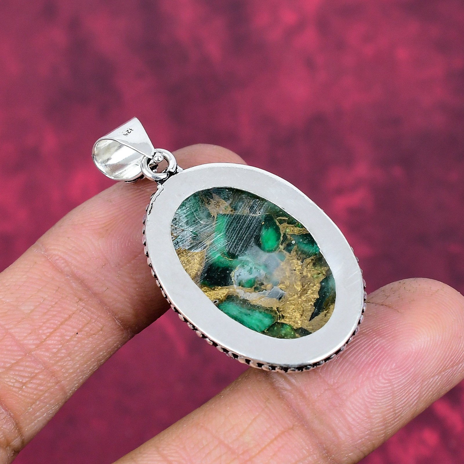 Green Copper Turquoise Gemstone Handmade 925 Sterling Silver Pendant Jewelry
