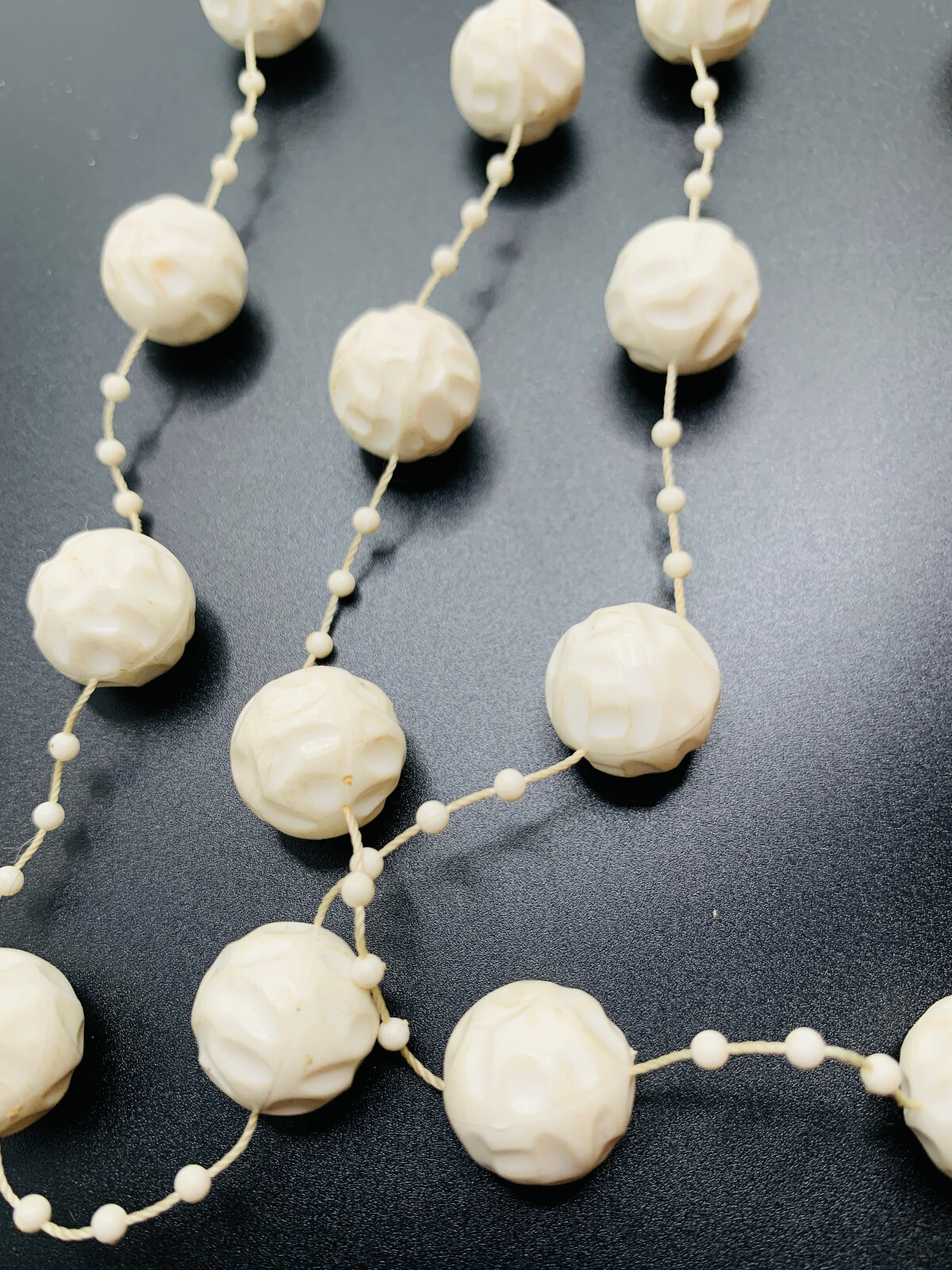 Unique Vtg 1960s 2 Strand Cream Old Plastic Textured Bead Station Necklace