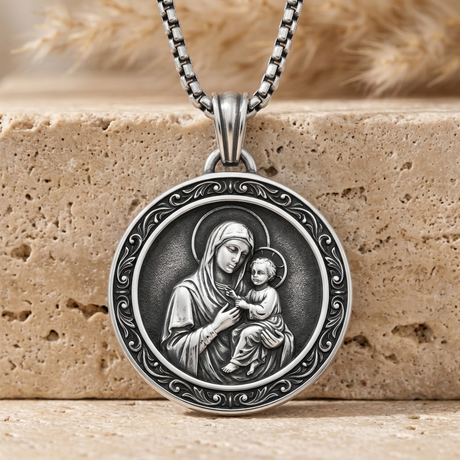 Madonna And Child Pendant 925 Sterling Oxidized Unisex Handcrafted Medallion