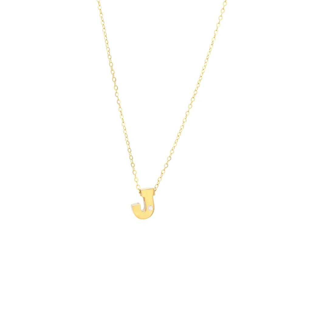 14K Yellow Gold Diamond J Initial Letter Minimalist Necklace 16″-18″