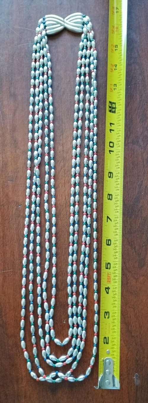 4.9 OZ. STERLING SILVER NECKLACE, WITH RED, GREEN, BLUE STONE BEADS, SIGNED NR