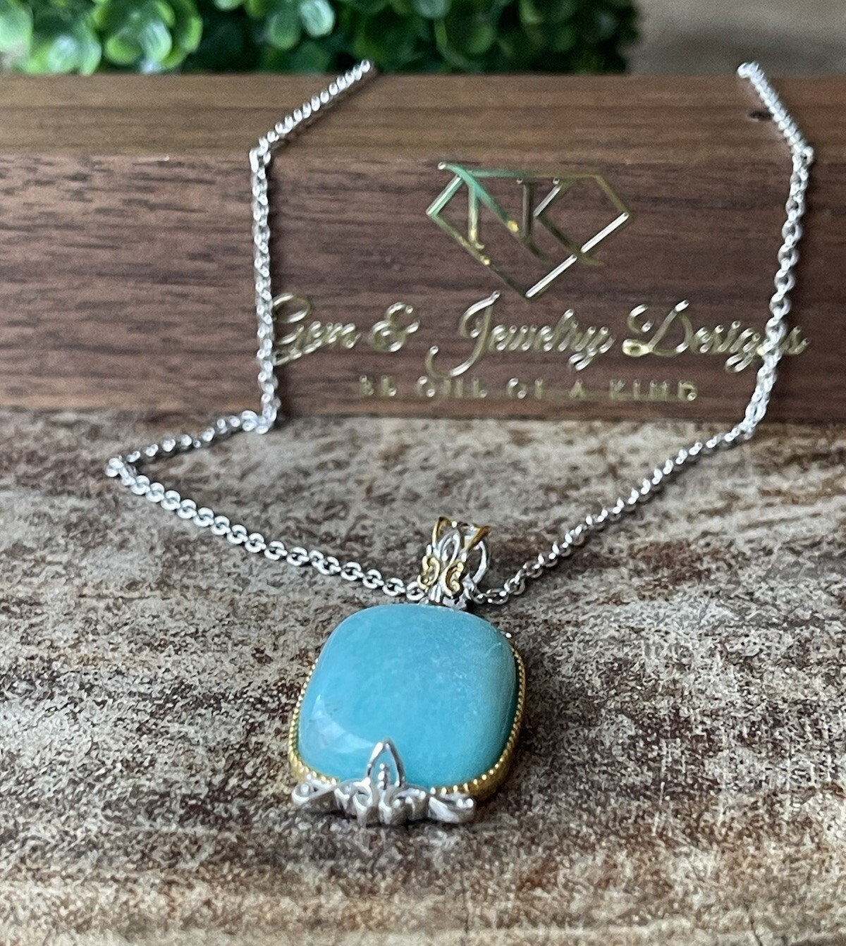 Peruvian Amazonite Cushion Cut Pendant W/Chain 925 Sterling Silver Jewelry