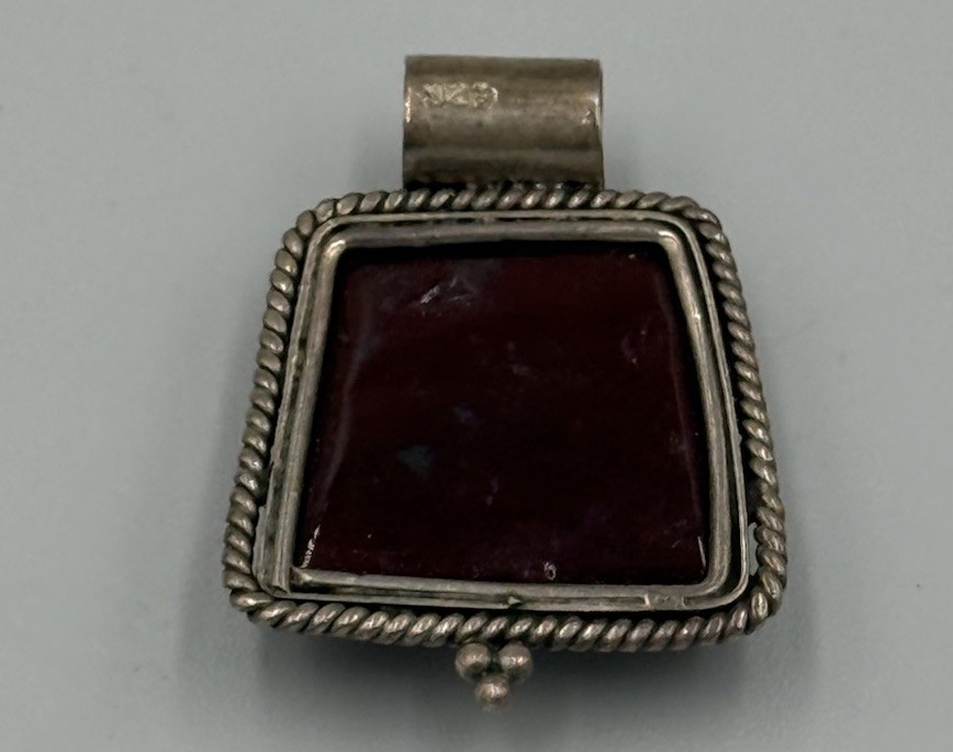 Vintage Red Jasper Sterling Silver 925 Rectangular Pendant Braided Metal Accent