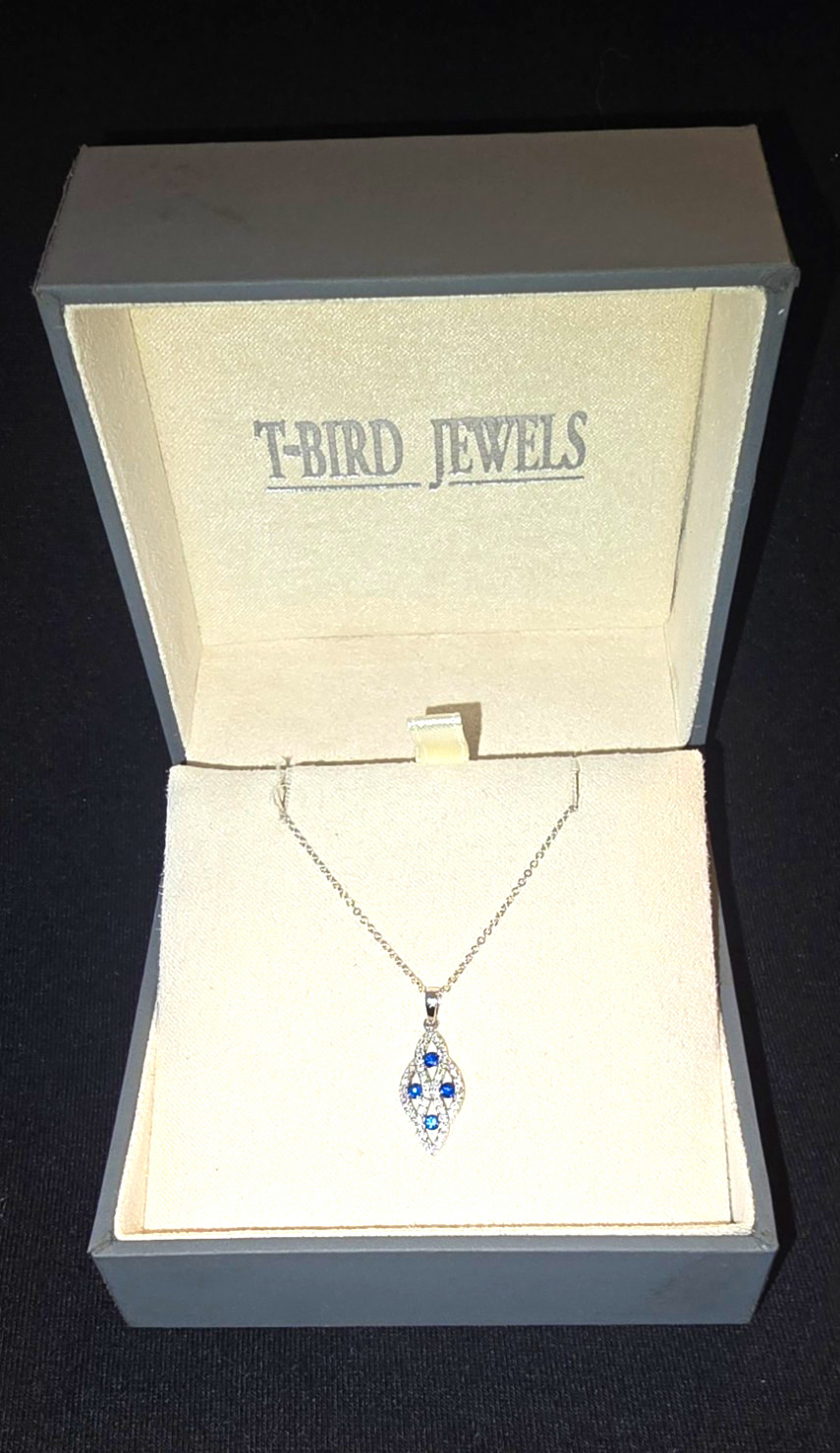 TBJ Zeghani 14K White Gold Blue Sapphire & Diamond Teardrop Drop Necklace 18″