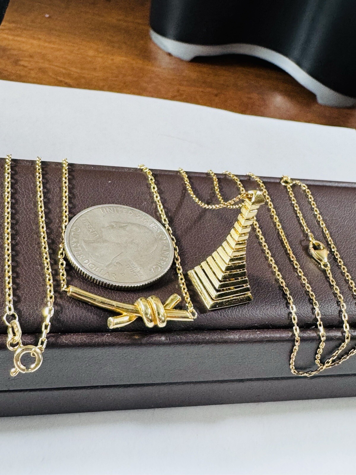 18K 750 SAUDI Gold Two (2) Sets of Necklace Knot & Tower 16.5”/17.5” long 9.34g