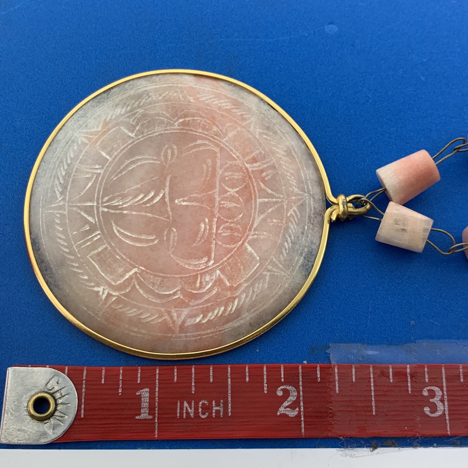 Retro Artisan Two Toned Carved Rose Quartz Beads Medallion Statement Necklace