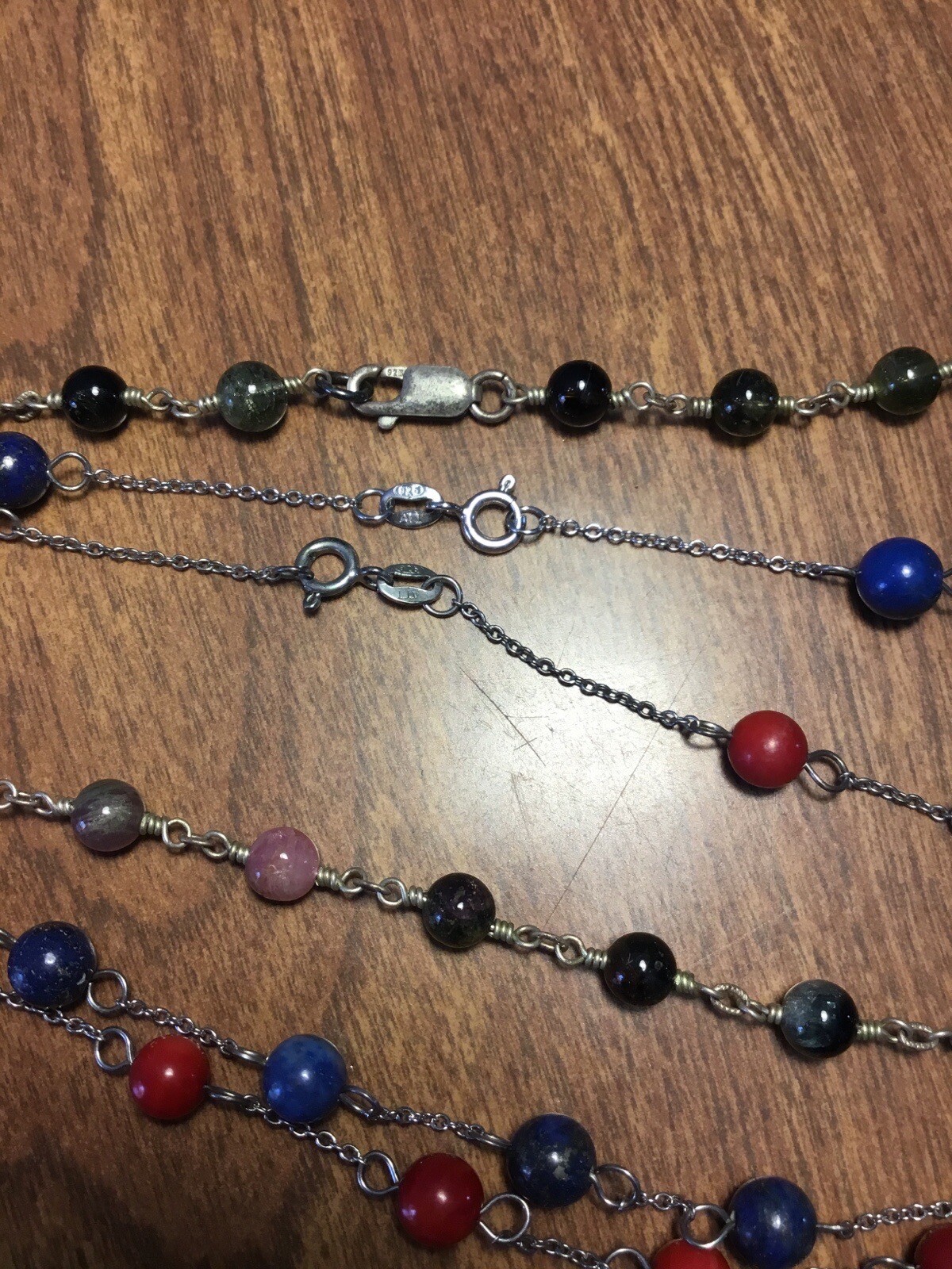 Sterling Silver Lot Of 3 Red Blue Green Beaded Chain Necklaces 16” 17”