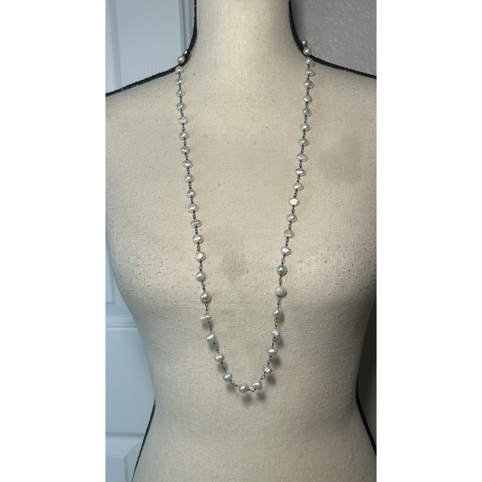 Freshwater Pearl Necklace Opera 35in White Baroque Sterling Silver 925 Station
