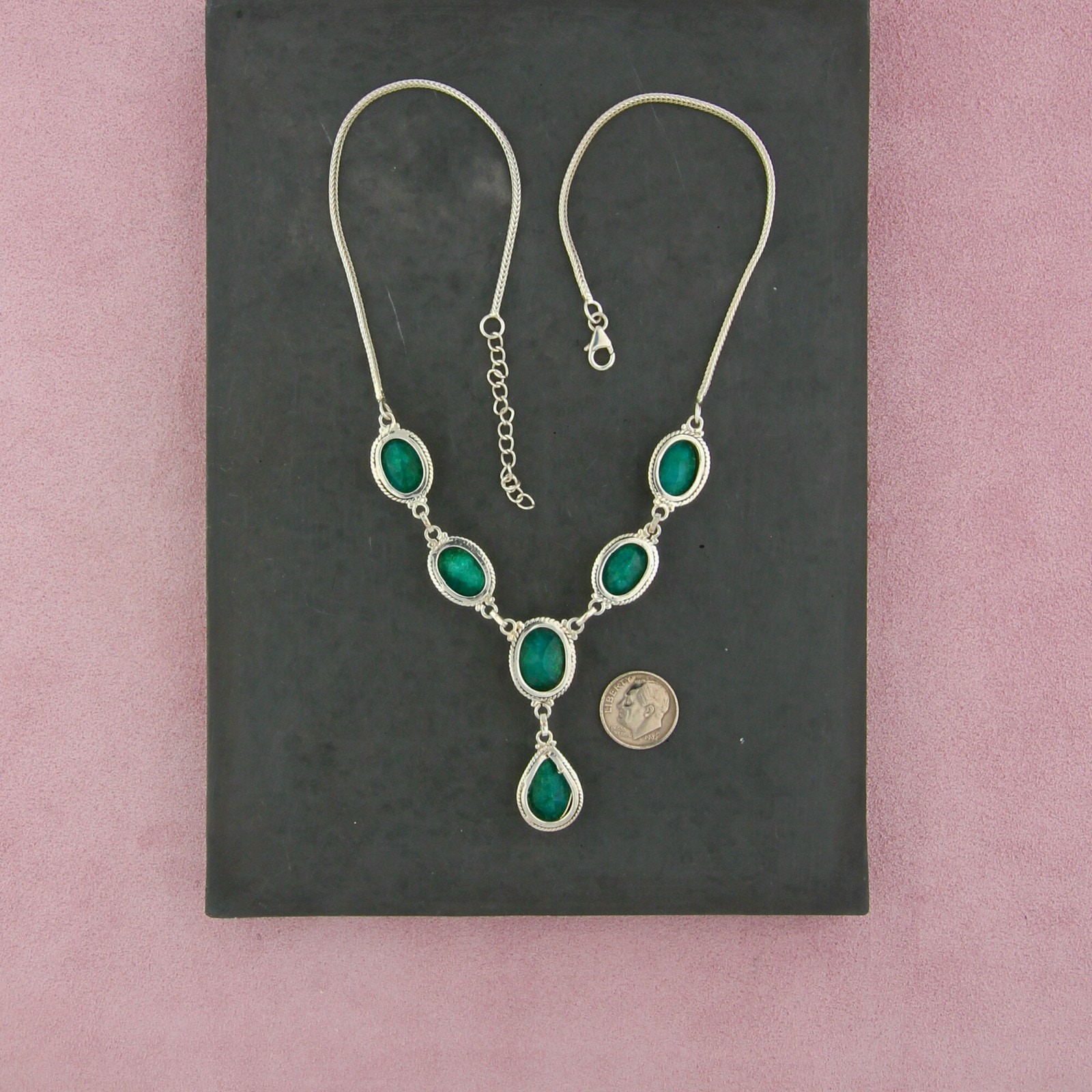 sterling silver braided emerald drop necklace size 17.5-19.5in